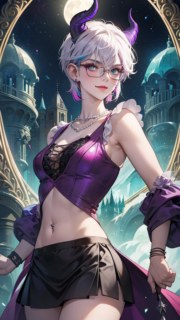 8k, masterpiece, best quality, highly detailed, 1 girl, tiefling, warlock, pixie cut, multicolored hair, very short straight hair red highlight hair on white hair, strippled hair, wearing glasses, round glasses, earrings, navel piercing, red eyeshadow, long eyelashes, blushed cheek, red lips, pearl necklace, rings, collarbone, mole on face, glamorous, teal and purple clothes, sleeveless, miniskirt, smirk, close up view, rings, looking at viewer, demon horns, solo, starry sky, pale blue moon, standing, boxing stance, demonic arms, chains on the background, black transparent laced gloves.