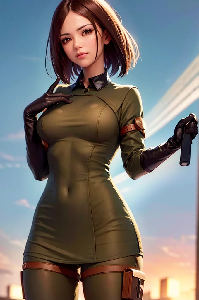 (at night), in a video game scene in the background, a beautiful city at night, raining, alone, standing looking straight ahead, military clothing with military green skirt and pants, black gloves, semi-short hair, ((semi-short hair)), 1 girl, 30 years old, young woman, perfect hands, Beautiful fingers, Beautiful long legs, Beautiful body, Beautiful nose, Beautiful character design, perfect face, looking straight at the viewer with a serious gesture, very upset looking at the viewer, she has a black whip in her hand (focusing on her face), closed mouth, smile_light, official art, extremely detailed CG unity 8k wallpaper, perfect lighting, bright and colorful front lighting, skin glossy (masterpiece: 1.0), (best_quality: 1.0), ultra high resolution, 4k, ultra detailed photography, 8K, hdr, high resolution, nonsense:1.2, Kodak portrait 400, film grain, blurred background, bokeh:1.2 , Lens flare, (vibrant_color:1.2), professional photography, (Beautiful, breasts: 1.4), (Beautiful_face: 1.5), (narrow waist),
