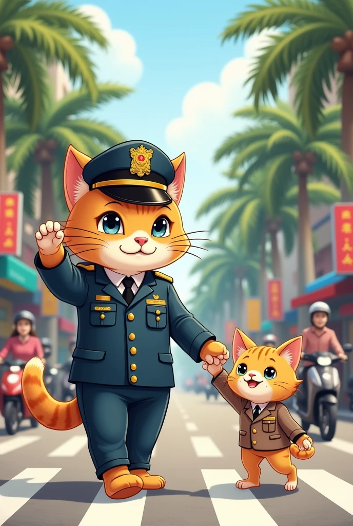 A cat wearing a Vietnamese traffic police uniform helps an old lady cat cross the street.