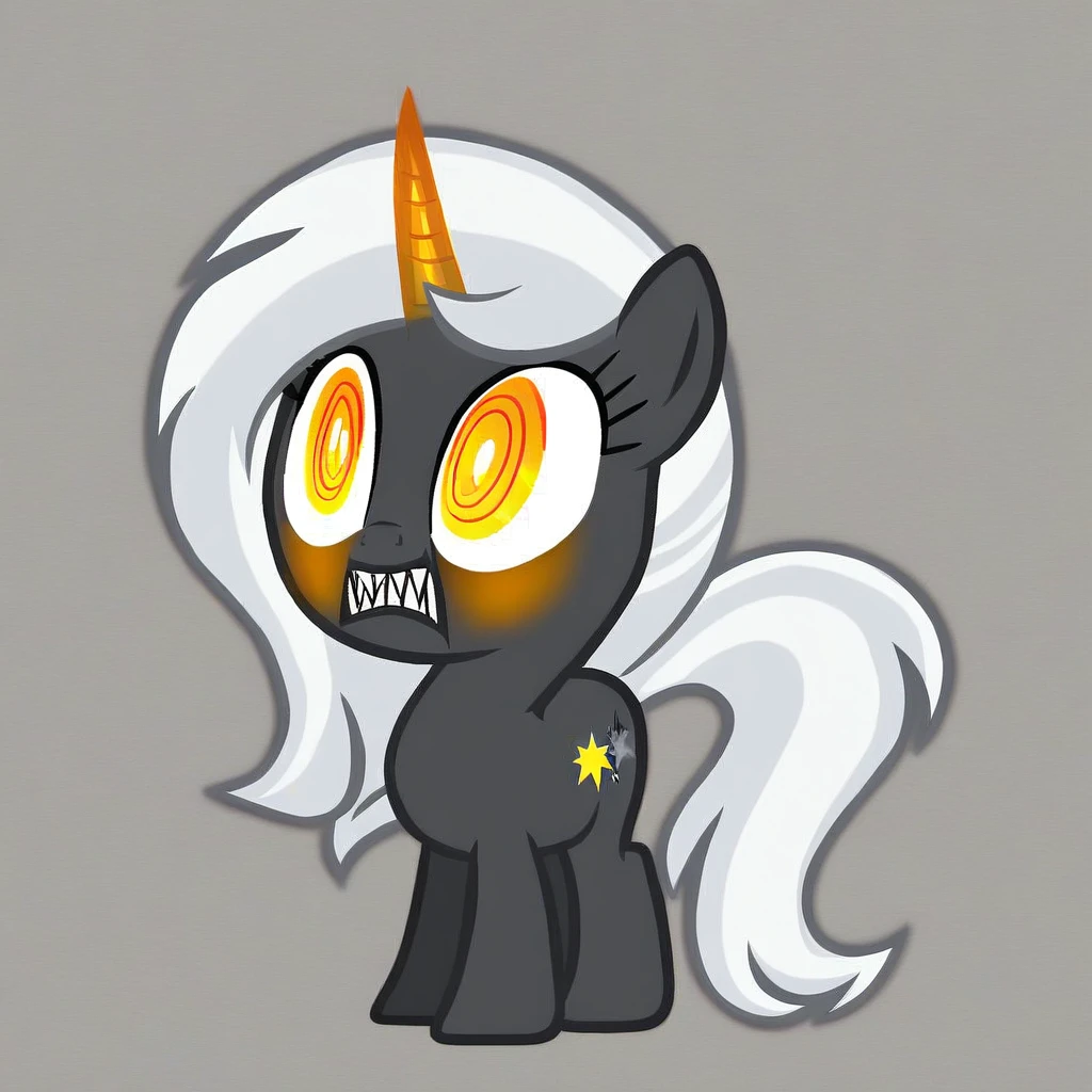 My Little Pony Original Characters,Animation style,unicorn,woman,A twisted horn,Pale gray fur,Long silver-grey hair,Dark golden vertical pupil eyes,Mouth with sharp teeth,Cutie mark is a five-pointed star,The background is a plain white background,standing solo。