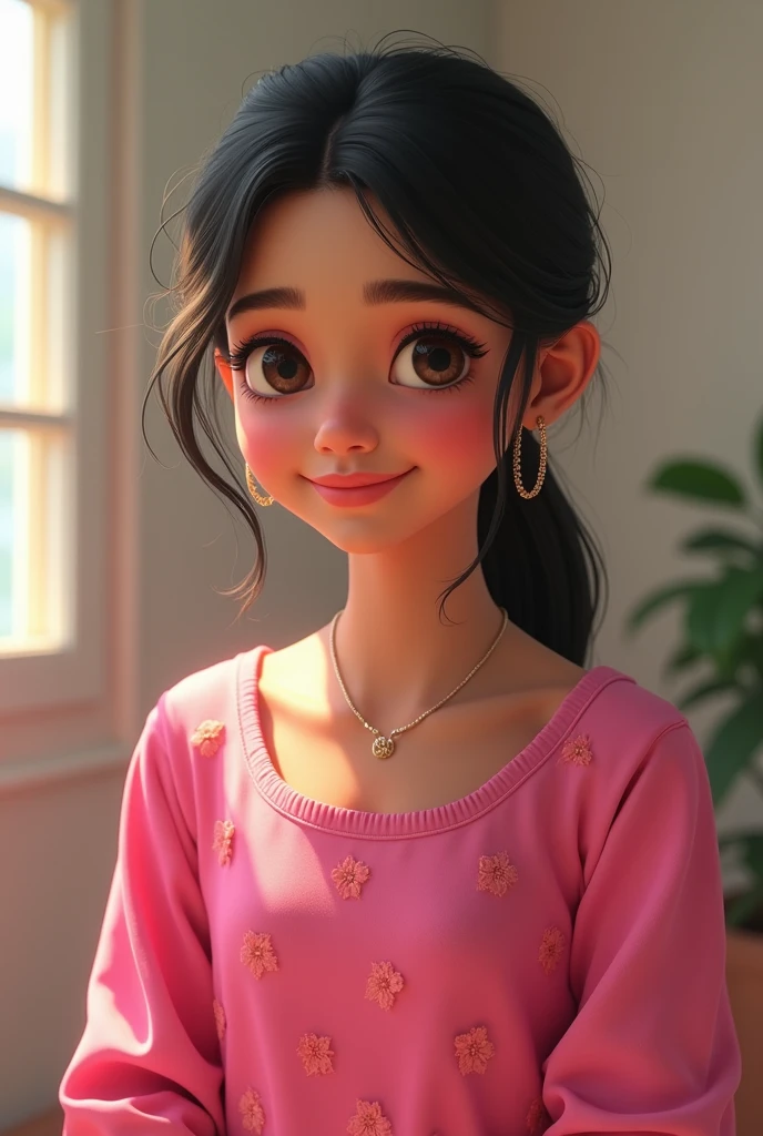Indian girl simple hairstyle pink colour dress