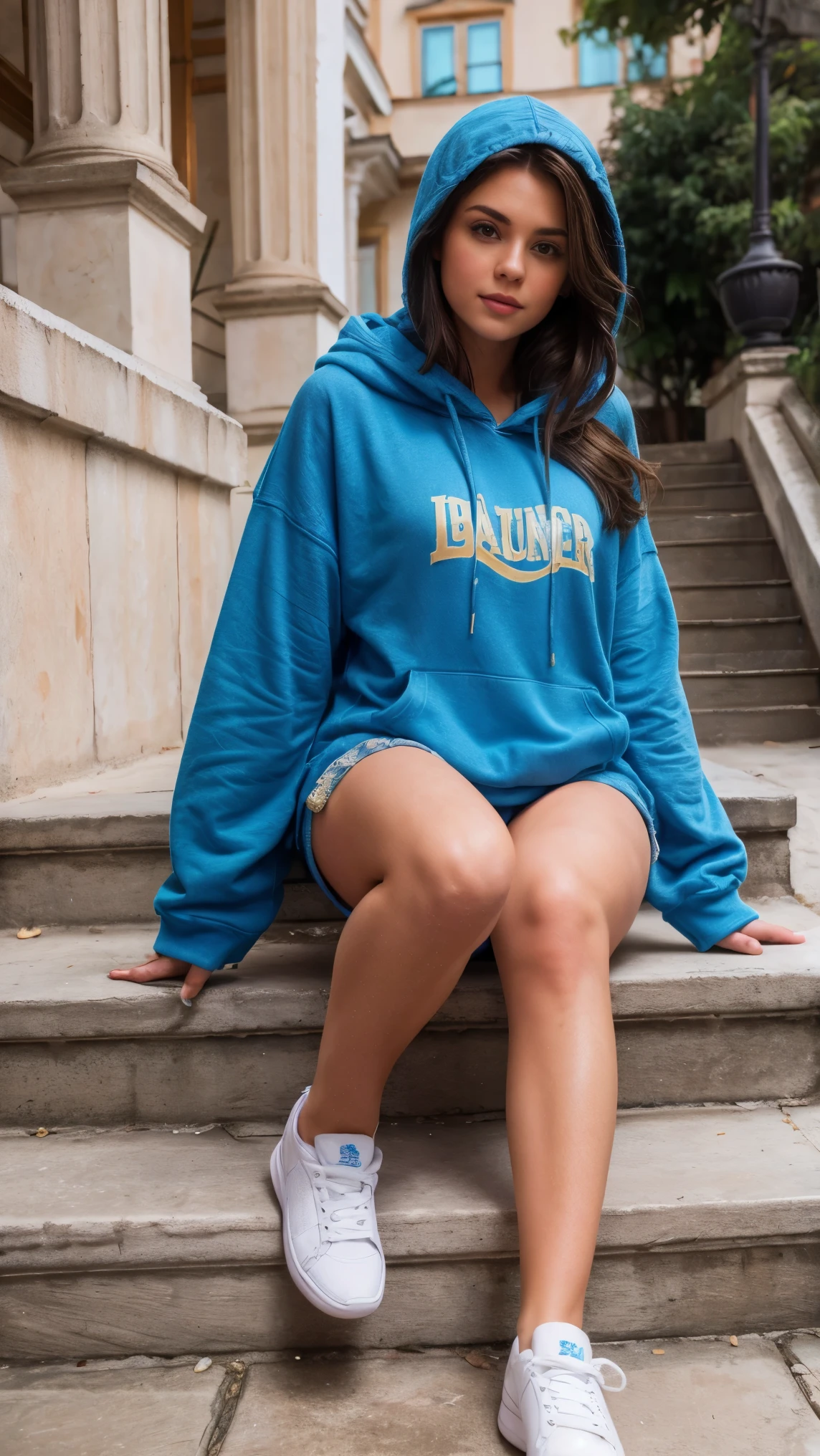 brunette influencer during photo session on stairs in the Ukraine, blue hoodie, full body shot, sexy women