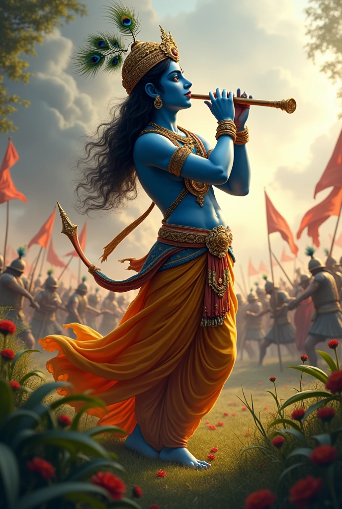 Lord Krishna playing flute in war field and soldiers fighting in background 