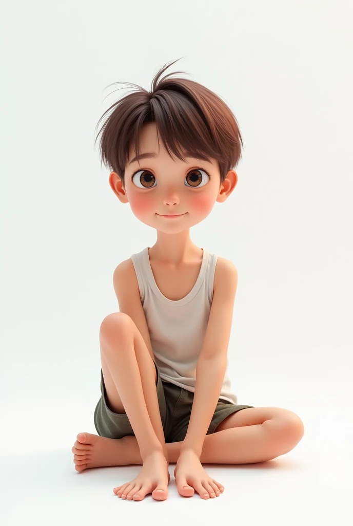 ((High definition, masterpiece, 8k, digital photography)), (((Realistic))), ((Full body)), natural illumination, a young boy, ((Cute face, young face)), brown hair, pale skin, (Sitting), slender body, slim body, ((Tanktop)), ((Short)), ((Barefoot)), ((Looking at viewer)), ((White background))