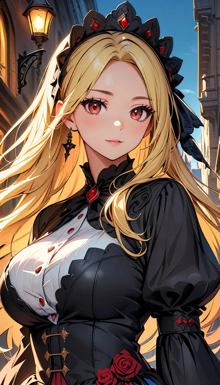 Woman in dress and boots , Baroque Dress, Wearing an elaborate steampunk dress, Elegant Gothic Princess, Victorian Gothic Fashion, historical Baroque Dress dark, Black Gothic Dress, Fantasy style clothing, Rococo Dress, Black Rococo, Fantasy Costume, wearing a Gothic Dress, Romantic Dresses, Gothic Dress,blonde,,(((Upper body portrait))),Red eyes,city,Big Breasts