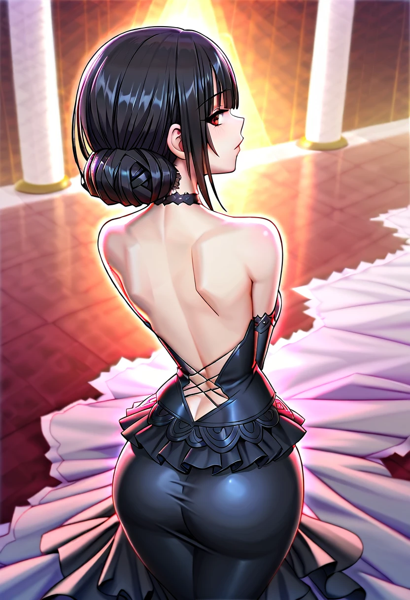 tokisaki kurumi,((masterpiece)),(((best quality))),((ultra-detailed)),((illustration)),((disheveled hair)),((frills)),(1 girl),(solo),Wavy hair secretary,solitary,Fine black hair,( Smooth skin:1.2)( Wear a gorgeous and sparkling evening gown:1.2),Slender body proportions,Back,Gorgeous room,from behind,back focus,backless outfit,(No face:1.2)