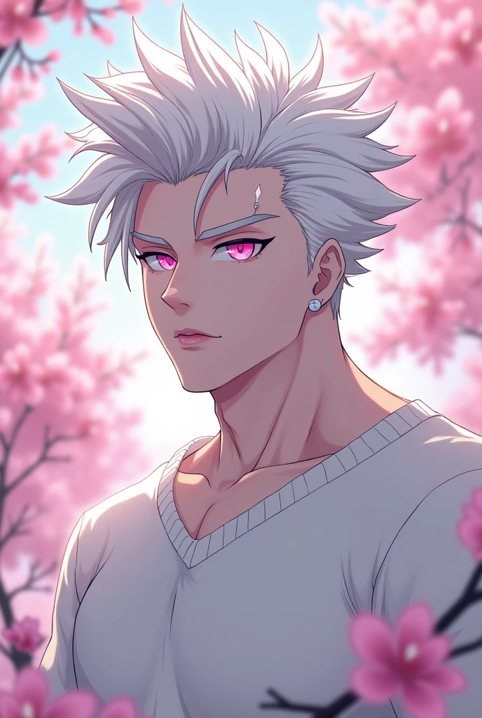 anime character, White hair, spiky hair, Pale skin, pink eyes, Long white eyelashes, male, muscular, white small earrings, big glossy lips, cherry blossom trees, grey eyebrows, white sweater, 