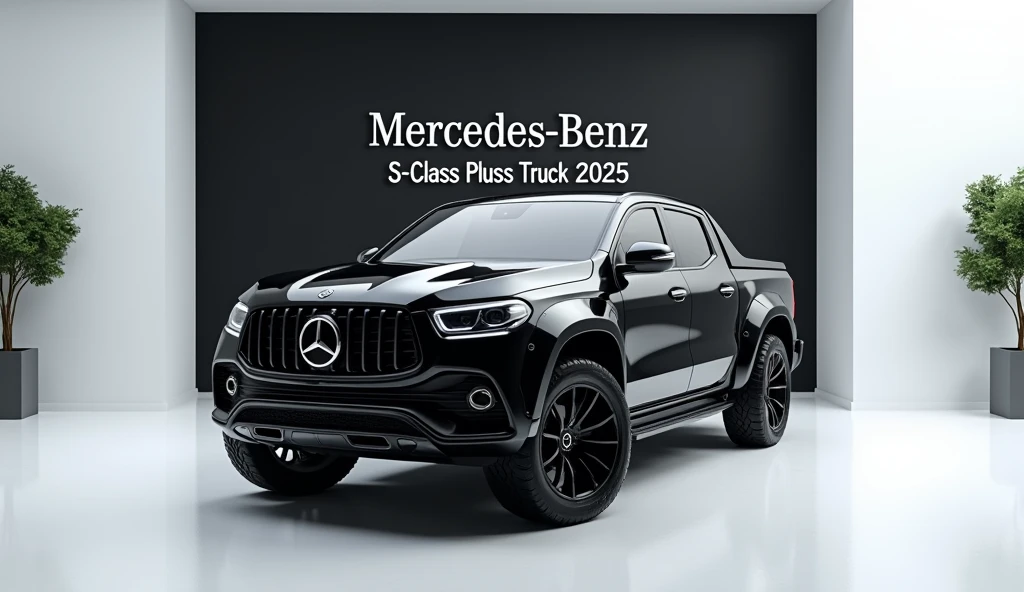 A stunning, futuristic pickup truck(Benz x class pickup truck 2025 ) takes center stage in a luxury white showroom. The vibrant (black) exterior gleams, drawing attention to its sleek, aerodynamic design and bold accents. The pick up truck( Mercedes Benz S-Class pickup truck 2025) " is prominently displayed in large, metallic letters on the pick up truck, set against a dark wall. The (  front) view showcases the cutting-edge innovation and technology of its time, inviting potential buyers to experience the future of automotive design and performance. This awe-inspiring image promises an unparalleled driving experience.