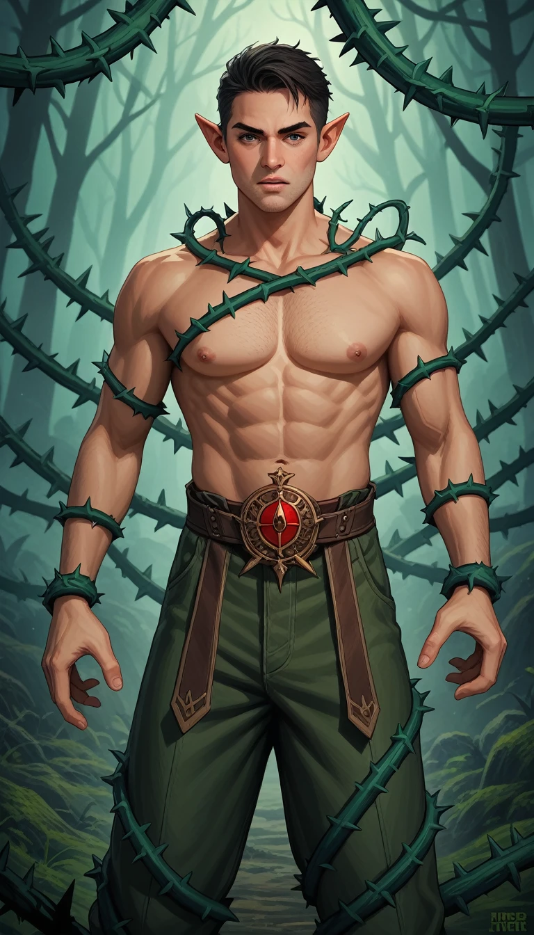 score_9, score_8_up, score_7_up, score_6_up, score_5_up, score_4_up, BREAK source_anime, rating_safe, [rating_explicit],
(best quality), (masterpiece), (very detailed), (very detailed and beautiful), muscular male, dynamic pose, detailed hands, detailed fingers, shaved temples, thick stubble, has thick stubble, body hair, action scene, detailed face, at full height, nature magic, forest elf, conjuring nature magic, thorns, thorns wrap around the body, the king of thorns, elven clothes and pants