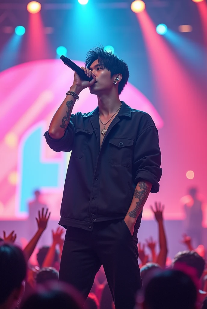 Man Asian Singer Young 2 Tall and thin k-idol face defined, kpop style. Body cute , stylish modern hair. tattoo on arm. Modern youth clothing. Singing on a colorful stage full of fans. 