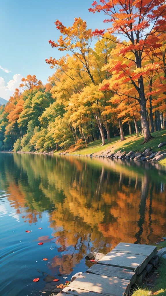 Prompt: an anime-style landscape featuring a solitary wooden bench positioned by the edge of a tranquil lake. The surface of the lake is mirror-like, reflecting the autumn trees that line its shore. The leaves are a mix of warm oranges, reds, and yellows, gently falling onto the still water. The atmosphere is quiet and contemplative, with a soft breeze rustling the leaves.
