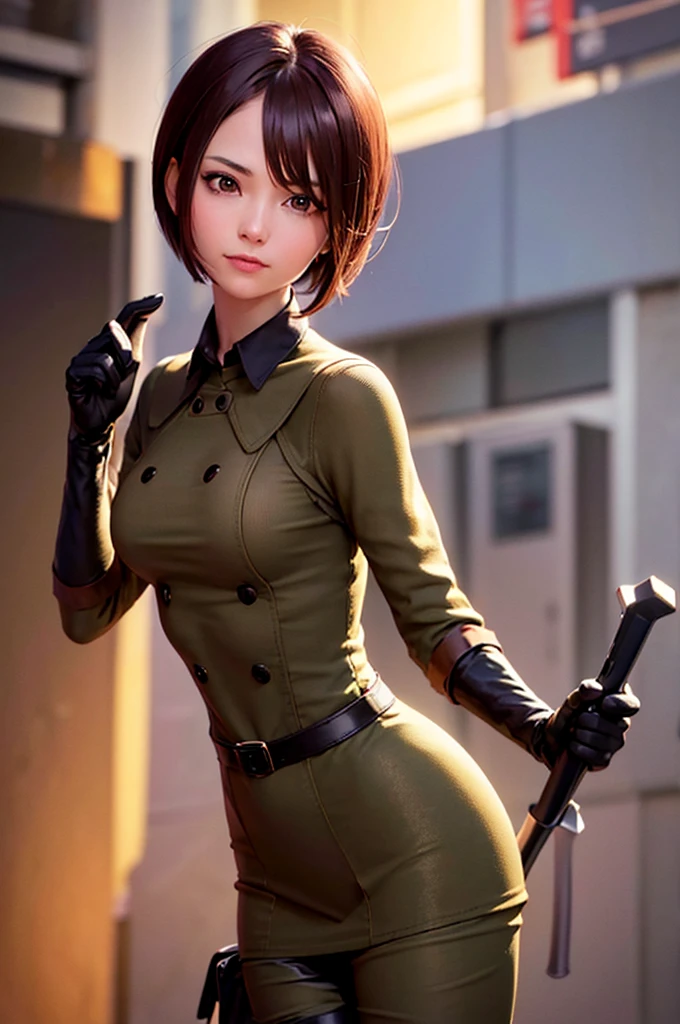 (at night), in a video game scene in the background, a beautiful city at night, raining, alone, standing looking straight ahead, military clothing with military green skirt and pants, black gloves, semi-short hair, ((semi-short hair)), 1 girl, 30 years old, young woman, perfect hands, Beautiful fingers, Beautiful long legs, Beautiful body, Beautiful nose, Beautiful character design, perfect face, looking straight at the viewer with a serious gesture, very upset looking at the viewer, she has a black whip in her hand (focusing on her face), closed mouth, smile_light, official art, extremely detailed CG unity 8k wallpaper, perfect lighting, bright and colorful front lighting, skin glossy (masterpiece: 1.0), (best_quality: 1.0), ultra high resolution, 4k, ultra detailed photography, 8K, hdr, high resolution, nonsense:1.2, Kodak portrait 400, film grain, blurred background, bokeh:1.2 , Lens flare, (vibrant_color:1.2), professional photography, (Beautiful, breasts: 1.4), (Beautiful_face: 1.5), (narrow waist),
