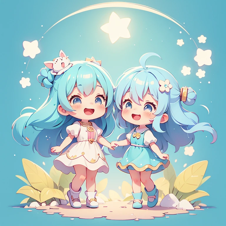 Happy atmosphere,Cute Style,Cute cartoon,round background,masterpiece Fairy Long light blue hair Cute Characters Anime Style laughing The whole body is visible Charm High resolution delicate
