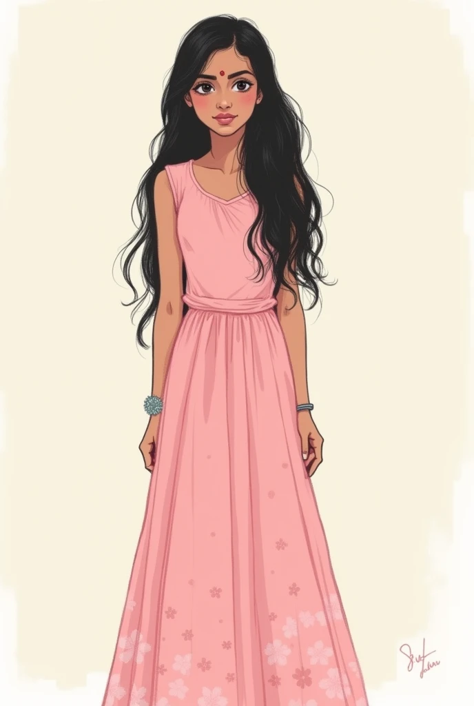 Indian girl simple hairstyle pink colour dress sketch