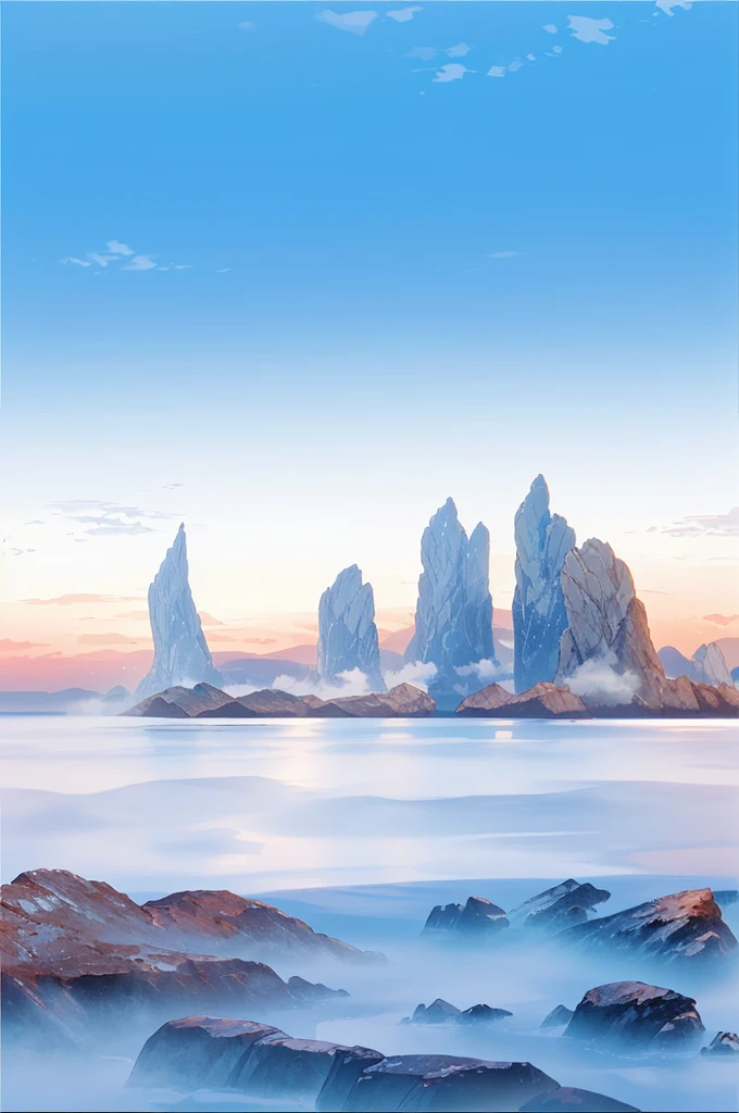 There is mist on the rocks on the sea,There are big white clouds in the sky