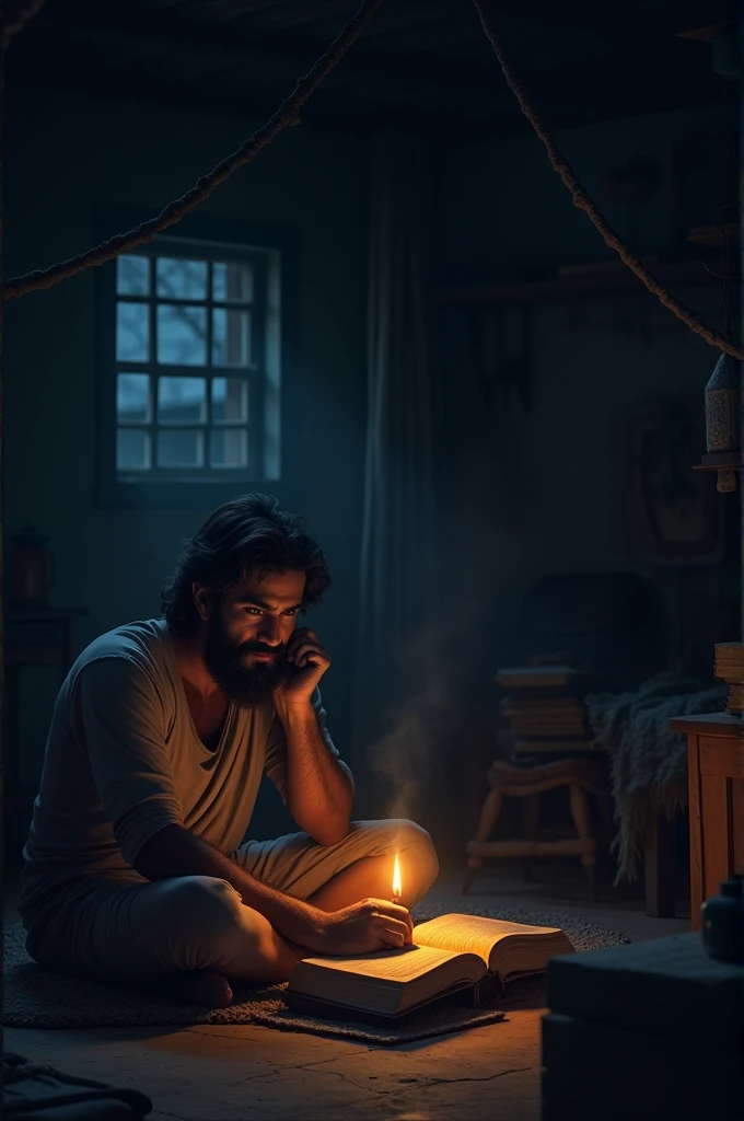 Scene: Inside Ram's simple, dimly lit home. He is seated on the floor with an open book, a small oil lamp providing just enough light. His face is focused and serious as he reads.Background: The room is modest, with minimal furniture. The walls are bare, and a small window lets in the cool night breeze. Outside, the night is quiet and calm.