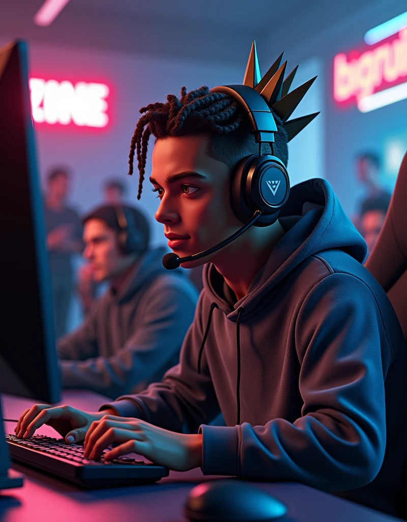 A 3D render of a medium shot of a brown-skinned young man with braids and a crown playing Warzone. He is wearing a hoodie and has a headset. Behind him, there's a sign that says "BIGURILHAS". The background is a room with a few other people.