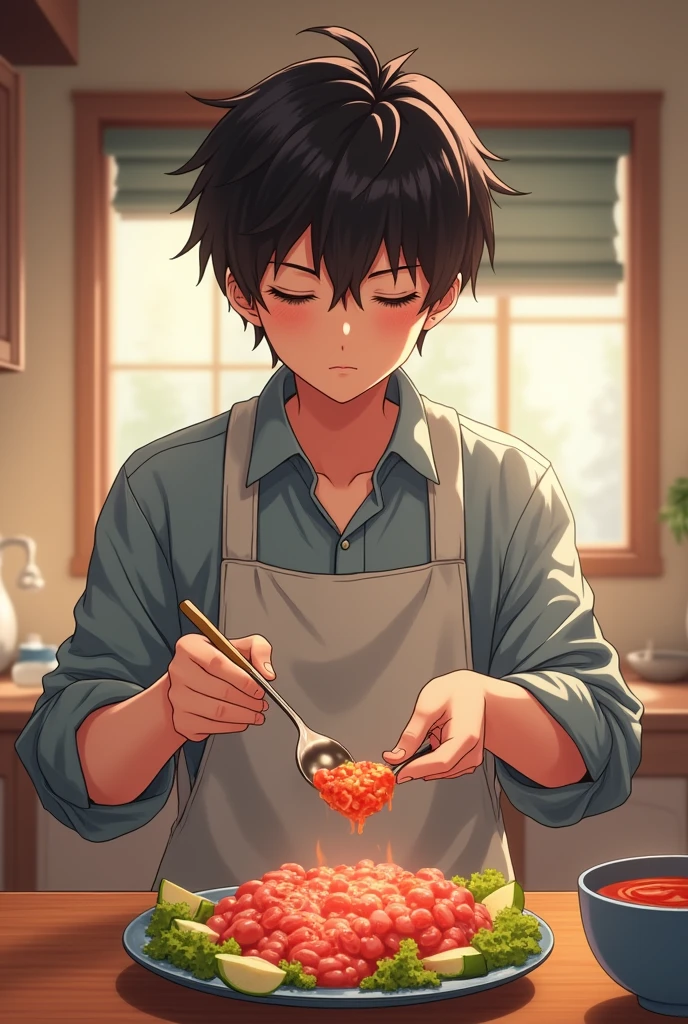 boy, putting semen in food, anime model