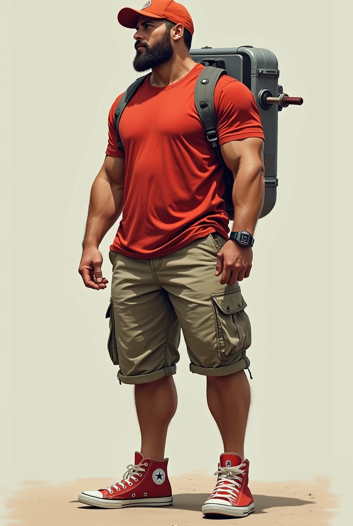 Muscular man wearing a shirt with long shorts Long loose shorts With pockets on the sides with converse sneakers red T-shirt and brown shorts Long short, Normal musculature With beard and baseball cap Realistic musculature With a small metal backpack with two thrusters on the sides on his back he is on his back