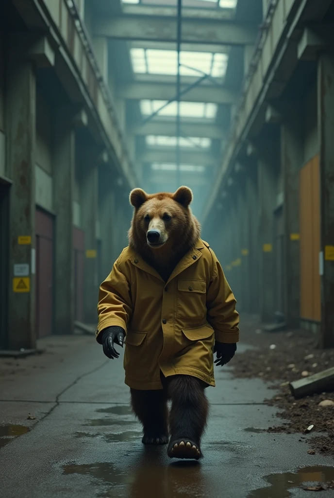 Mid-shot,whole body,A brown bear wearing a raincoat explores an abandoned nuclear waste storage warehouse,Move carefully,more details,More shadows, (8K), (best quality: 1.2), (Practical), (Reality: 1.37), Ultra HD,