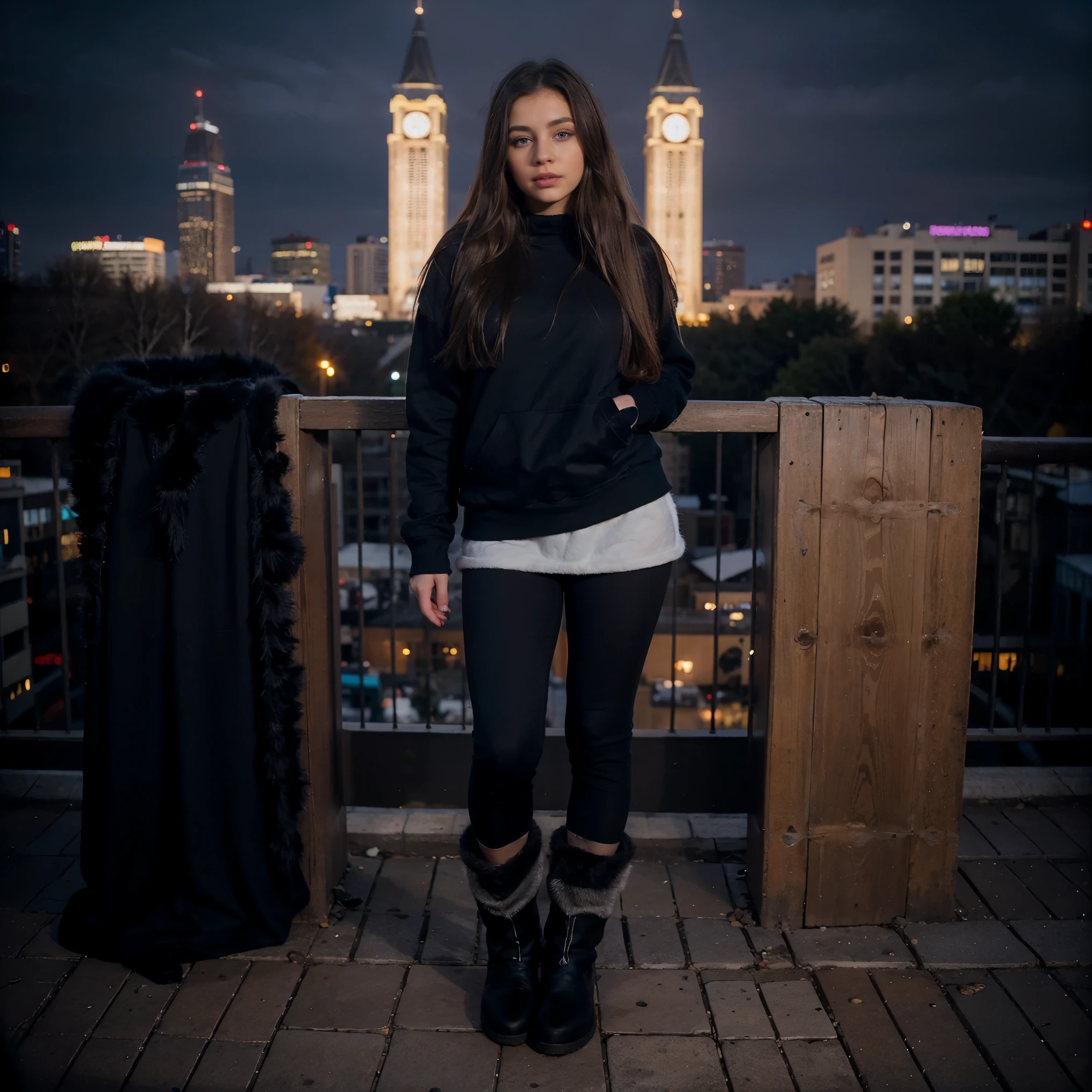 ombré brunette balayage hair, beautiful blue eyes creame sweatshirt, seamless black leggings, fuzzy faux fur boots, ugg style boots, Ukraine night city background, full body portrait, raw photo.