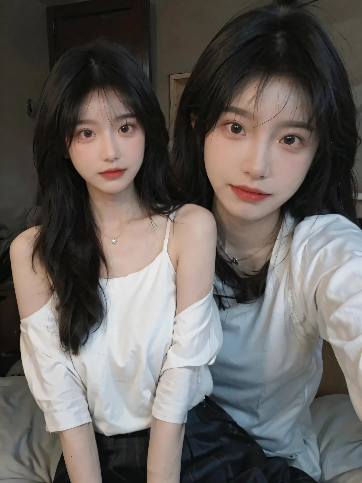 Best quality,Ultra-high resolution,(Realism:1.4),cute,cute发夹,girll,dress,Hip skirt,Look directly at the audience,Full of atmosphere,Beautiful woman with a slim figure:1.4,bedroom,whole body,Super delicate face,Exquisite eyes,Double eyelids,necklace