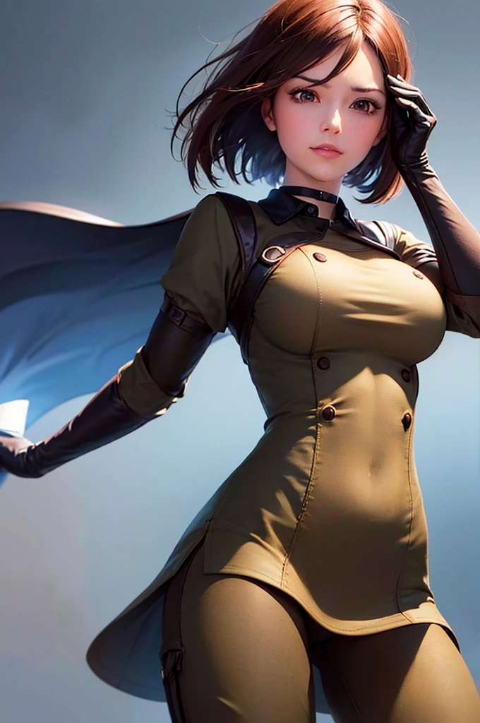 (at night), in a video game scene in the background, a beautiful city at night, raining, alone, standing looking straight ahead, military clothing with military green skirt and pants, black gloves, semi-short hair, ((semi-short hair)), 1 girl, 30 years old, young woman, perfect hands, Beautiful fingers, Beautiful long legs, Beautiful body, Beautiful nose, Beautiful character design, perfect face, looking straight at the viewer with a serious gesture, very upset looking at the viewer, she has a black whip in her hand (focusing on her face), closed mouth, smile_light, official art, extremely detailed CG unity 8k wallpaper, perfect lighting, bright and colorful front lighting, skin glossy (masterpiece: 1.0), (best_quality: 1.0), ultra high resolution, 4k, ultra detailed photography, 8K, hdr, high resolution, nonsense:1.2, Kodak portrait 400, film grain, blurred background, bokeh:1.2 , Lens flare, (vibrant_color:1.2), professional photography, (Beautiful, breasts: 1.4), (Beautiful_face: 1.5), (narrow waist),