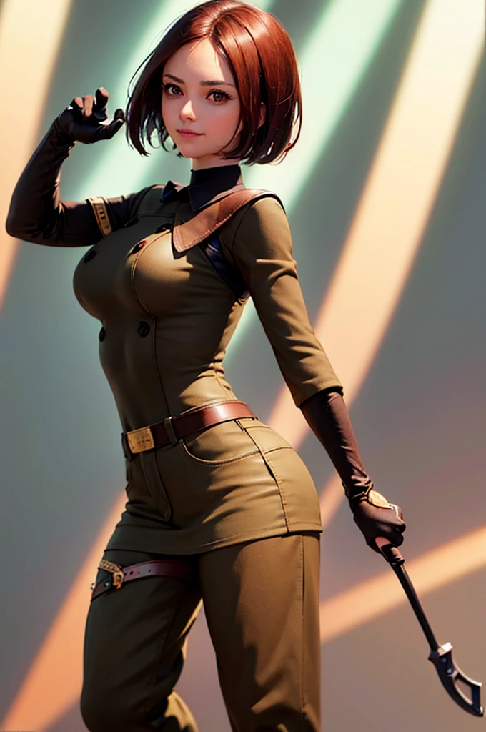 (at night), in a video game scene in the background, a beautiful city at night, raining, alone, standing looking straight ahead, military clothing with military green skirt and pants, black gloves, semi-short hair, ((semi-short hair)), 1 girl, 30 years old, young woman, perfect hands, Beautiful fingers, Beautiful long legs, Beautiful body, Beautiful nose, Beautiful character design, perfect face, looking straight at the viewer with a serious gesture, very upset looking at the viewer, she has a black whip in her hand (focusing on her face), closed mouth, smile_light, official art, extremely detailed CG unity 8k wallpaper, perfect lighting, bright and colorful front lighting, skin glossy (masterpiece: 1.0), (best_quality: 1.0), ultra high resolution, 4k, ultra detailed photography, 8K, hdr, high resolution, nonsense:1.2, Kodak portrait 400, film grain, blurred background, bokeh:1.2 , Lens flare, (vibrant_color:1.2), professional photography, (Beautiful, breasts: 1.4), (Beautiful_face: 1.5), (narrow waist),
