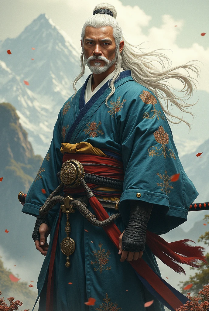 Samurai with kimono, white hair and eyes