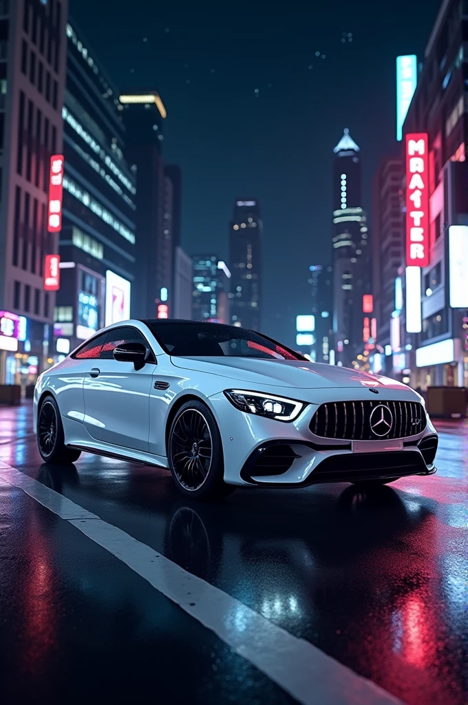 White Mercedes car parking in road in the night stars in sky neon light City
