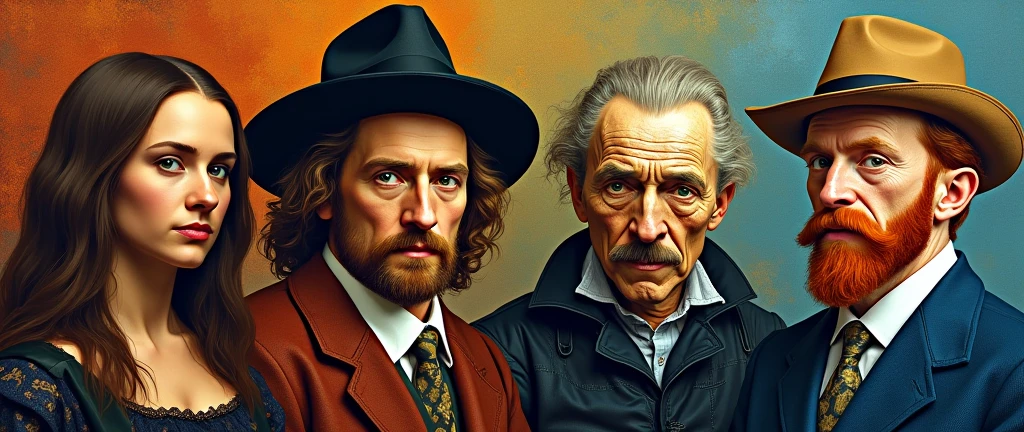 Leonardo the vinchi, Rembrandt, Picasso,vangh Gogh,artist arts in illustrator designs ai genarate photo and works