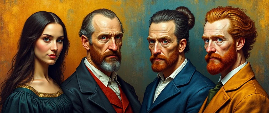 Leonardo the vinchi, Rembrandt, Picasso,vangh Gogh,artist arts in illustrator designs ai genarate photo and works 
