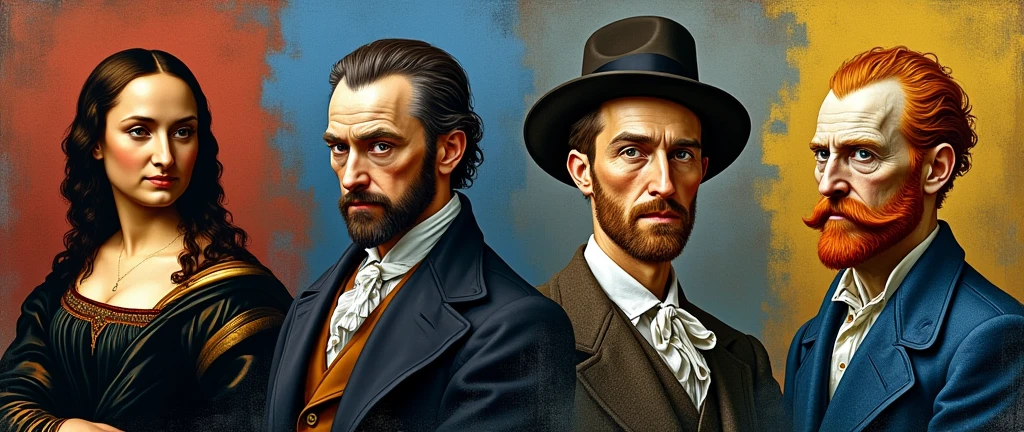 Leonardo the vinchi, Rembrandt, Picasso,vangh Gogh,artist arts in illustrator designs ai genarate photo and works