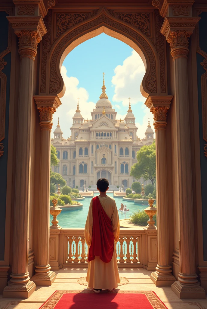 "A lavish royal palace with intricate architecture and opulent decorations. Inside, a young prince Siddhartha gazes out of a grand window, showing an idyllic and luxurious environment."