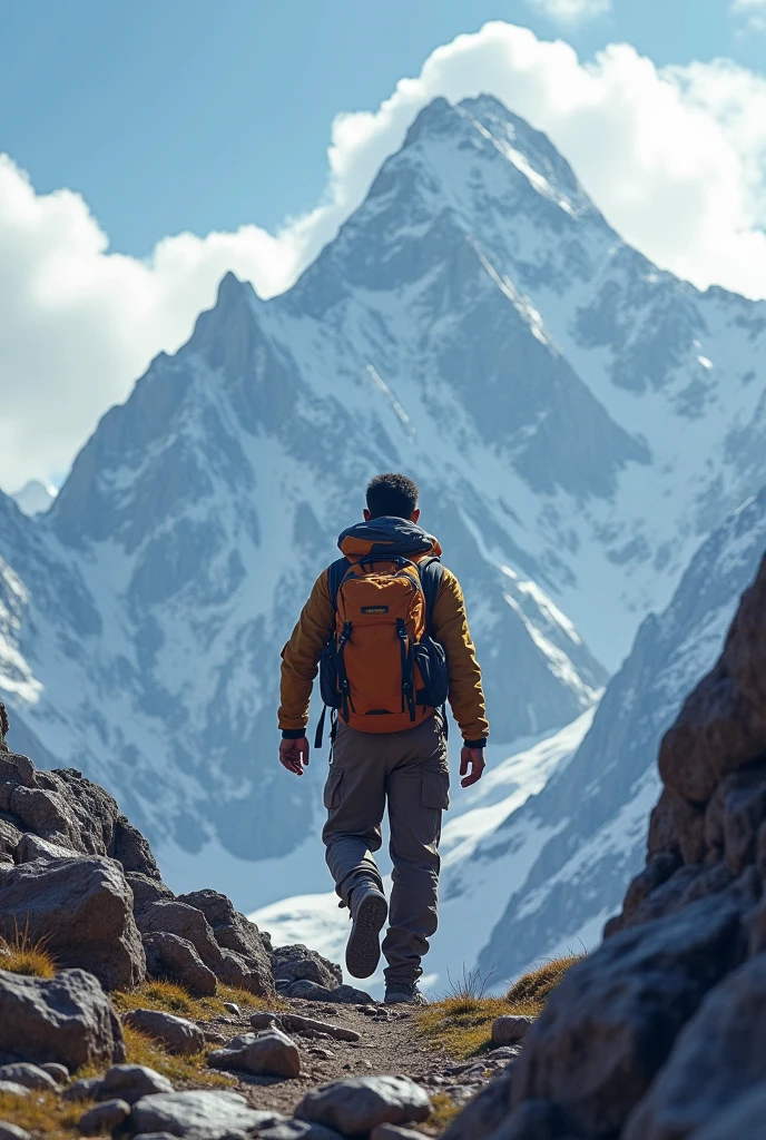 A 30 years Indian young boy is climbing kailash mountain, his back side should be displayed. He has thin light beard and wears bag