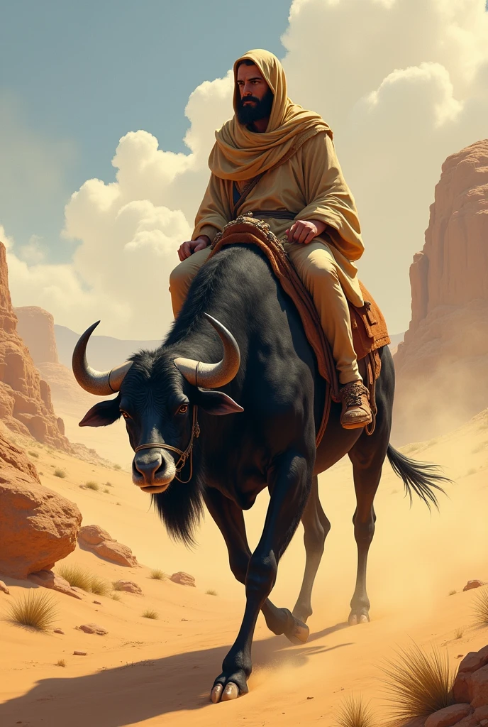 camel riding a black bull with a white mouth .in the desert