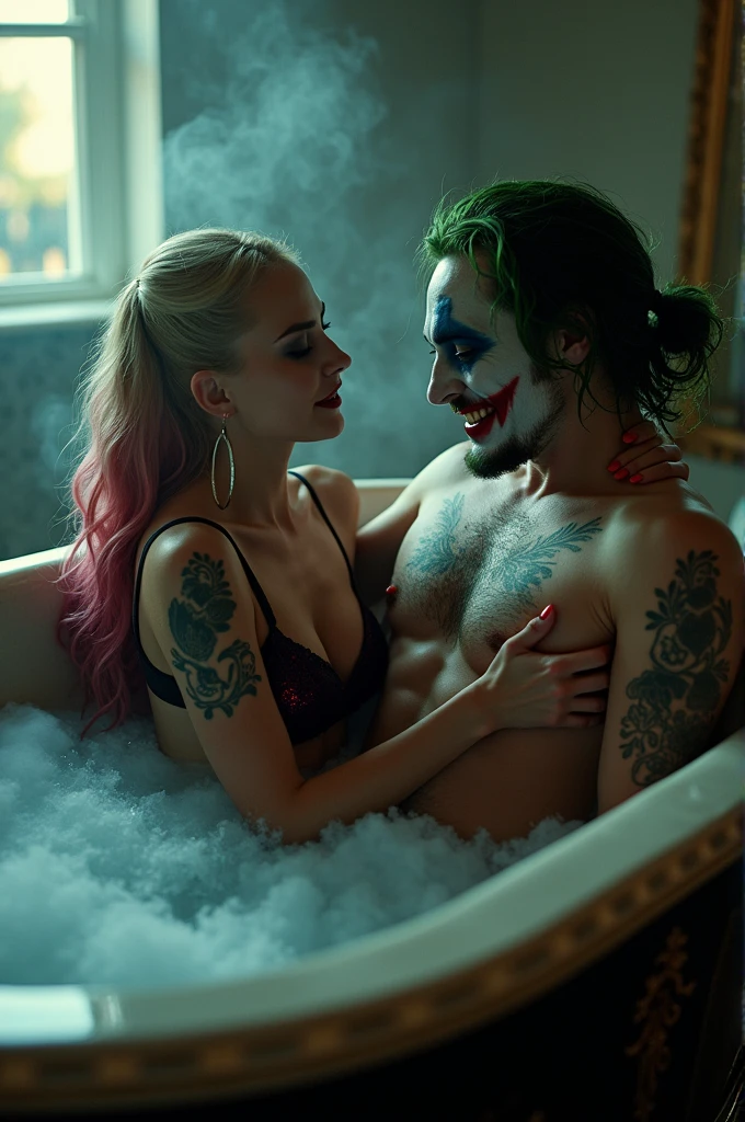 Cinematic image of Harley Quinn without a bra inside a fancy hot tub she is sitting on her back on the joker's lap and he is naked he is squeezing her breast and Harley Quinn is moaning