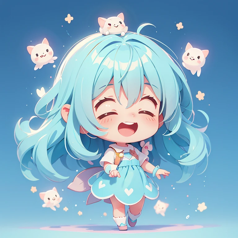 １people、Happy atmosphere，Cute Style，Cute cartoon，round background，masterpiece　Fairy　Long light blue hair　Cute Characters　 Anime Style　laughing　The whole body is visible　Charm　High resolution　delicate　
