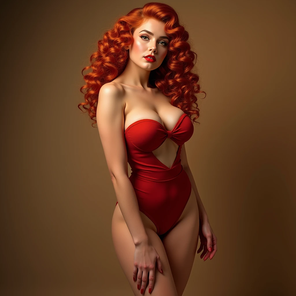 full body picture of a beautiful woman with red curly hair, full body shown in picture while she is seen from the front with her whole body, pinup style, not skinny nor fat, nice curves, extremely detailed body with beautiful tits and ass and face with beautiful eyes and lips, photorealistic, 8k, high quality, vivid colors, warm lighting,