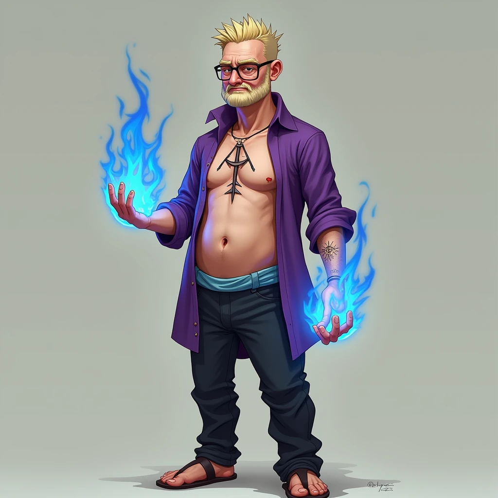 White male、Skinny、middle aged、Blonde、Both sides are peeling、Spiky Hair、open brests、A tattoo of a bow and arrow pointing down in the center of the chest、Purple Shirt、Light blue waistband、Black trousers、Sandals、Both hands are wings of blue flame、Square Glasses、Stubble