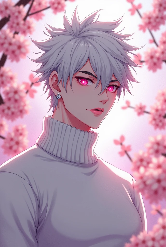 anime character, White hair, spiky hair, Pale skin, pink eyes, Long white eyelashes, male, muscular, white small earrings, big glossy lips, cherry blossom trees, grey eyebrows, white sweater,