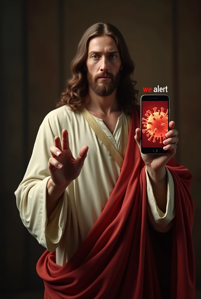 Create a hyper-realistic, 36k resolution image featuring Jesus in a serious pose, wearing traditional , holding a smartphone in one hand. The other hand should be pointing directly at the viewer. On the smartphone's screen, a detailed 3D blue virus should be displayed. The background should be dark and blurred, with warm tones. The text 'WE ALERT' should appear in bold, cracked-text style above Jesus, with a label at the bottom that fits the theme."