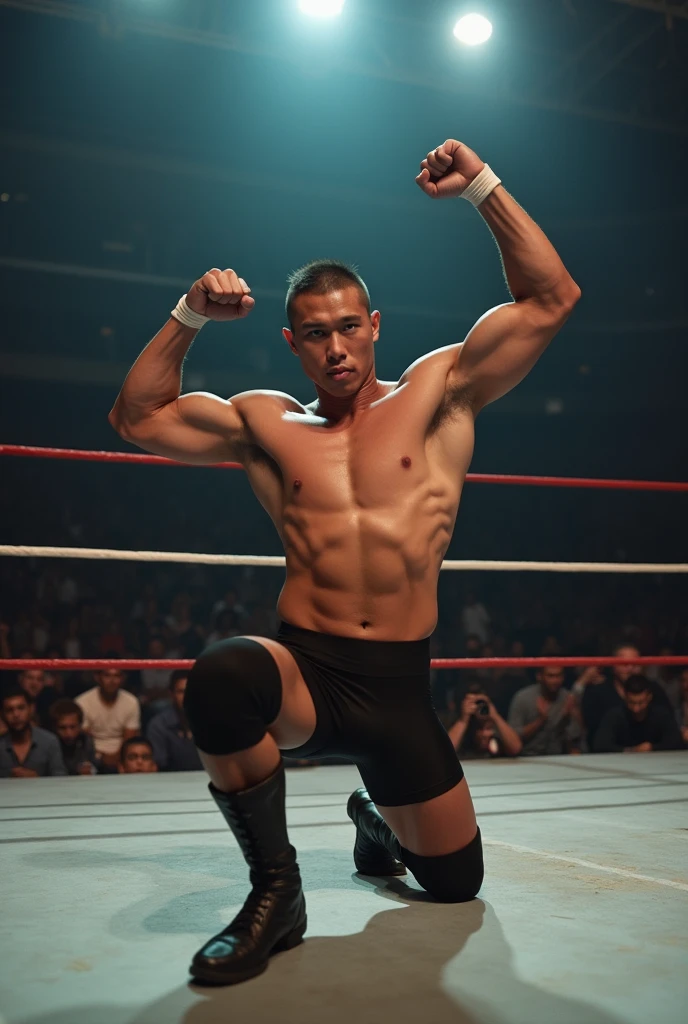 A young Japanese professional wrestler is in the ring。
He&#39;s buzzcut and muscular、Wearing short tights。
Put one knee on the ring and raise your arms to strike a macho pose。
Fujifilm, look up, 