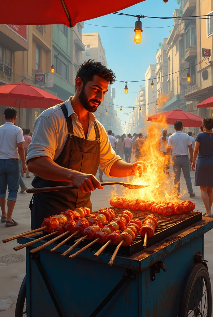 Drawing of a man grilling kebabs on his kebab cart