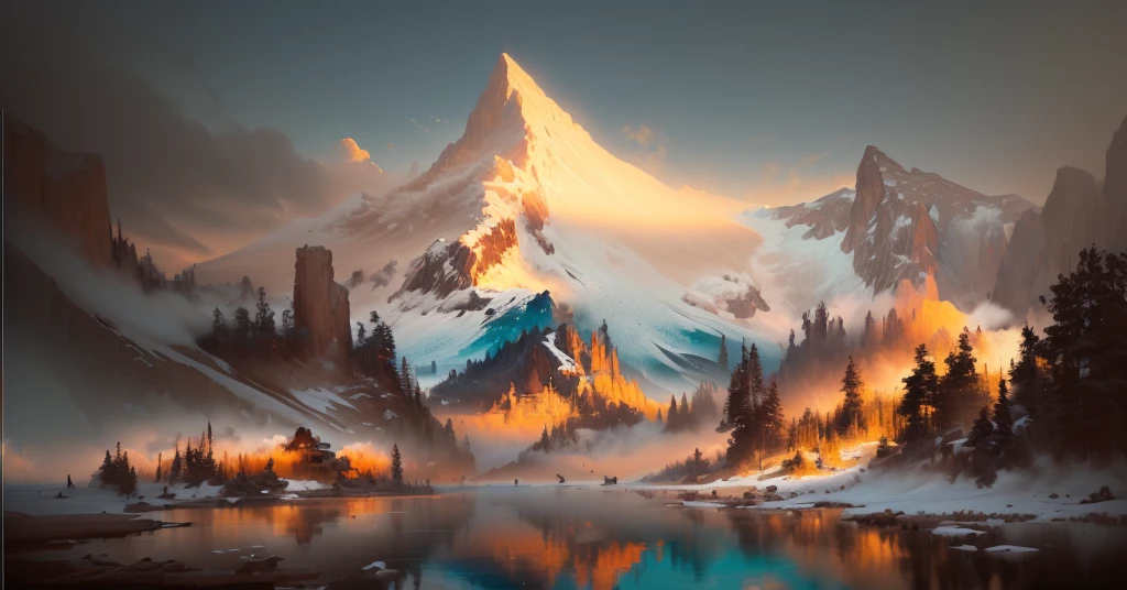 A mountain landscape painting with a lake and mountains in the background, painterly Concept Art, Digital Painting Concept Art, beautiful Concept Art, Low Detail. Digital Painting, Concept Art wallpaper 4k, very detailed Digital Painting, amazing! Concept Art, Concept Art painting, Illustrations, environment Concept Art, detailed Digital Painting, environment