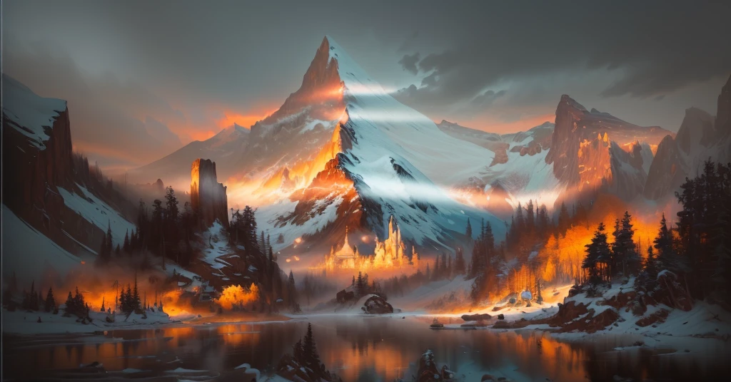 A mountain landscape painting with a lake and mountains in the background, painterly Concept Art, Digital Painting Concept Art, beautiful Concept Art, Low Detail. Digital Painting, Concept Art wallpaper 4k, very detailed Digital Painting, amazing! Concept Art, Concept Art painting, Illustrations, environment Concept Art, detailed Digital Painting, environment