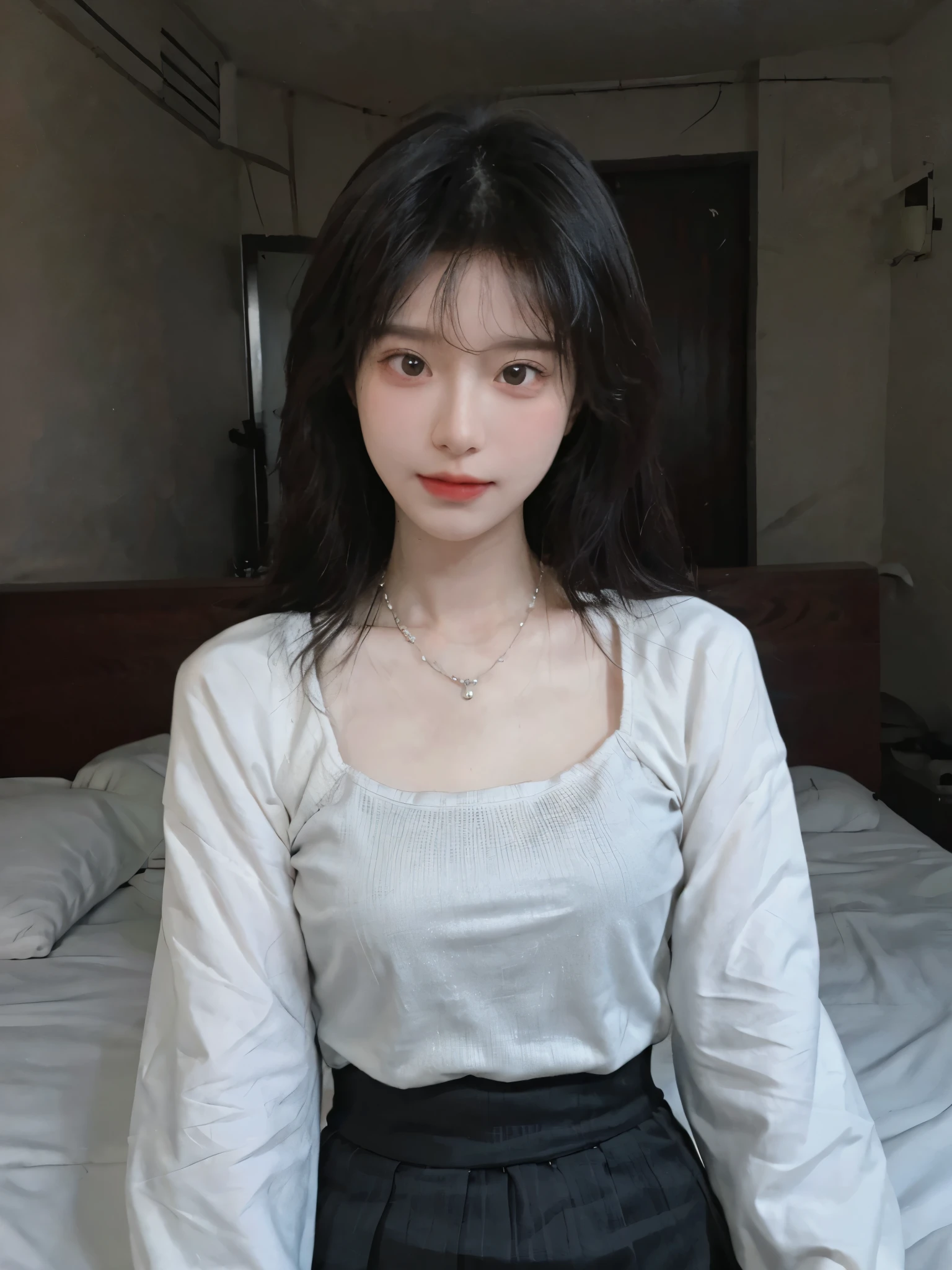 Best quality,Ultra-high resolution,(Realism:1.4),cute,cute发夹,girll,dress,Hip skirt,Look directly at the audience,Full of atmosphere,Beautiful woman with a slim figure:1.4,bedroom,whole body,Super delicate face,Exquisite eyes,Double eyelids,necklace