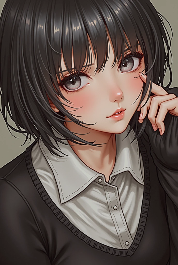 RAW photo, best quality, masterpiece, photorealistic, Polish girl, 20 years old, full body, black hair, Light grey eyes, short bob cut, hair in 7 thirds, hair over one ear, Detailed Skin, Detailed face, Big Breasts, rip gloss, 
