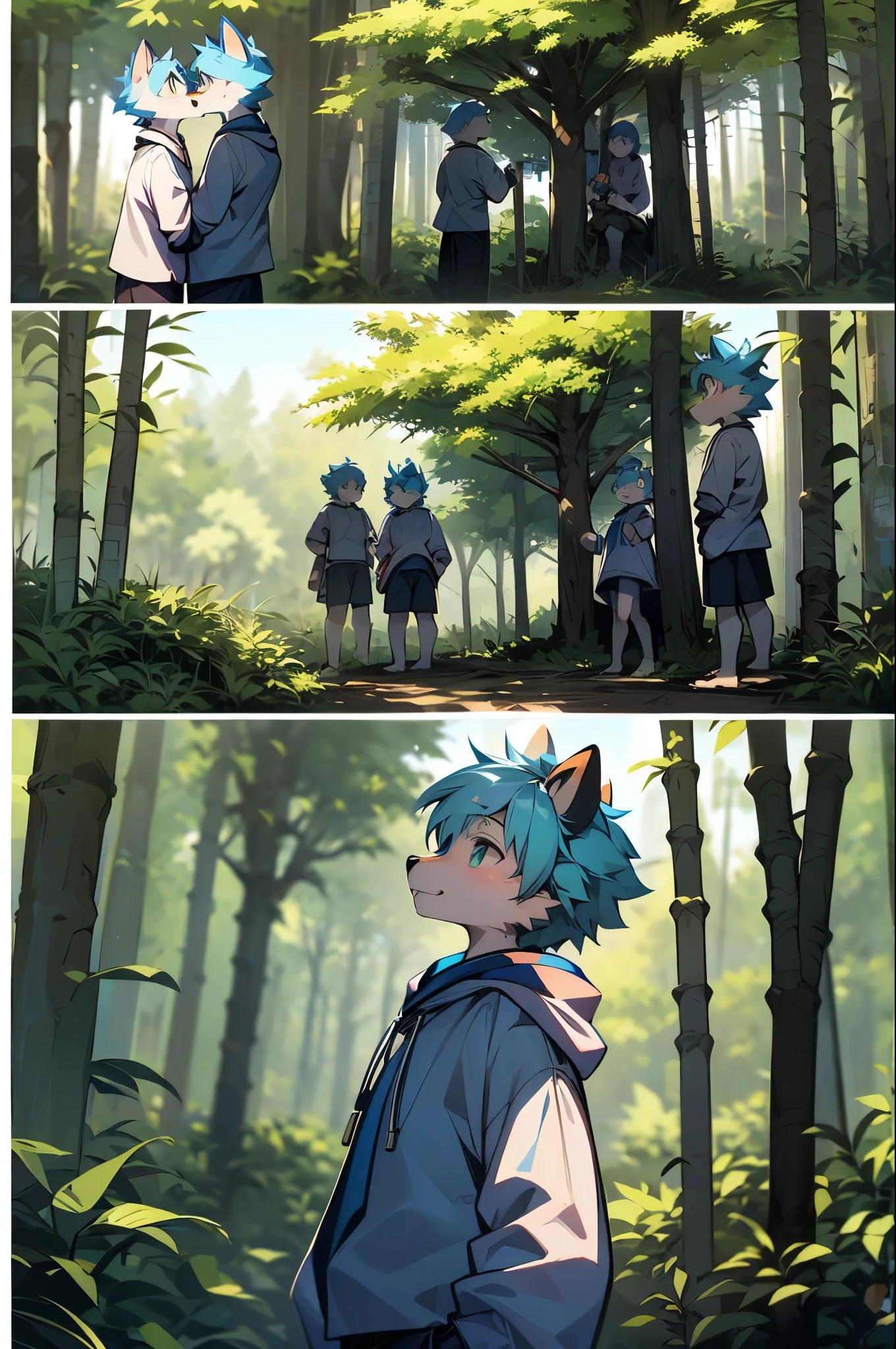 Anime style image of a dog family wearing blue and white sweatshirts standing in the forest,White and blue hair，Bamboo forest background，Leaning on bamboo，Young style，about，male，Single role focus，Heavy lines，Comic Style，Side view，Leaning on a tree