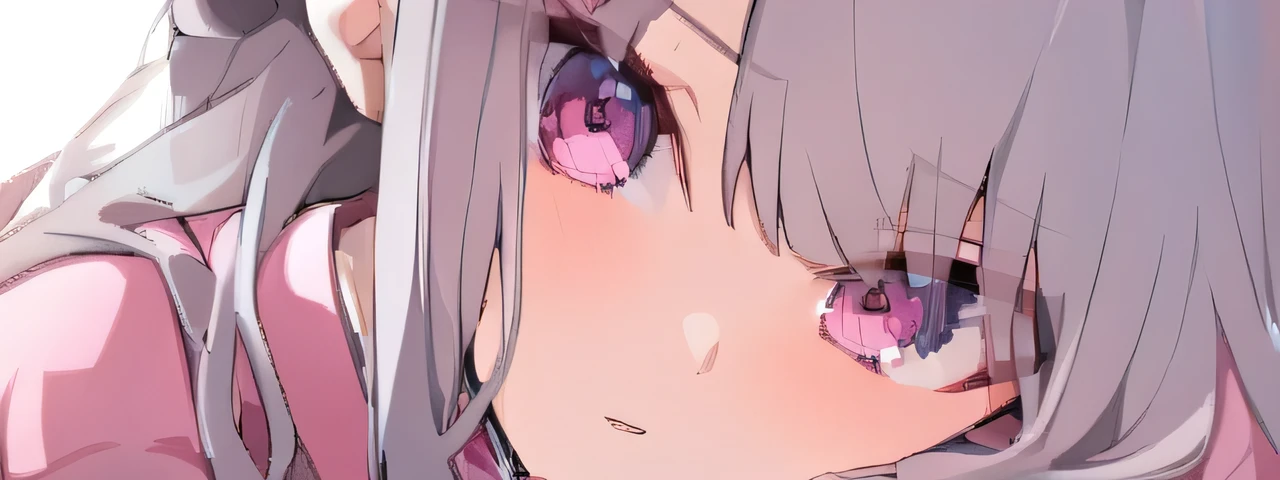 Gray Hair、Bun Twin、Long Hair、Pink Kimono、Pink、Pink Eyes、1 person、mysterious、high quality、detailed。